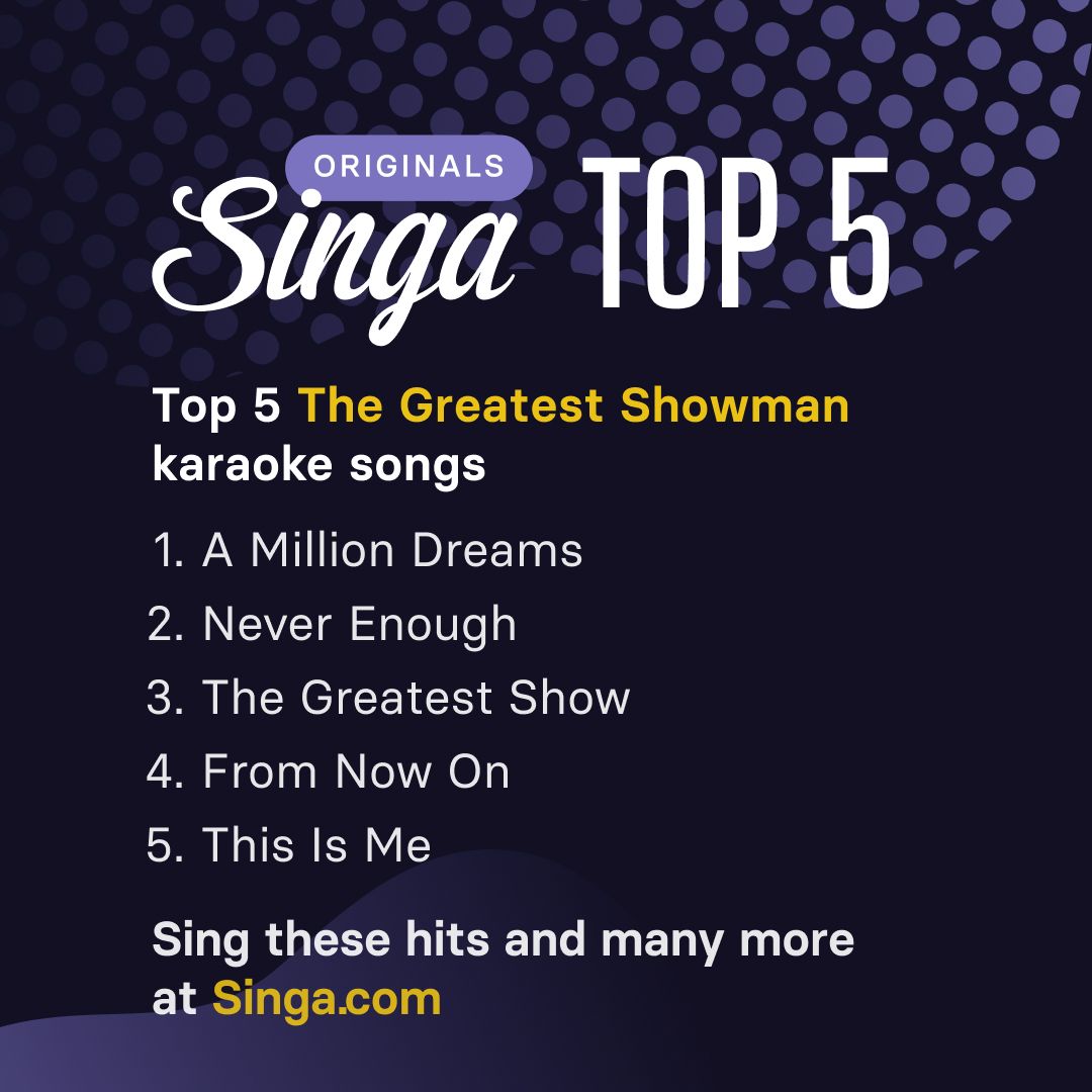 5 most popular karaoke songs from The Greatest Showman, based on singer data from Singa.