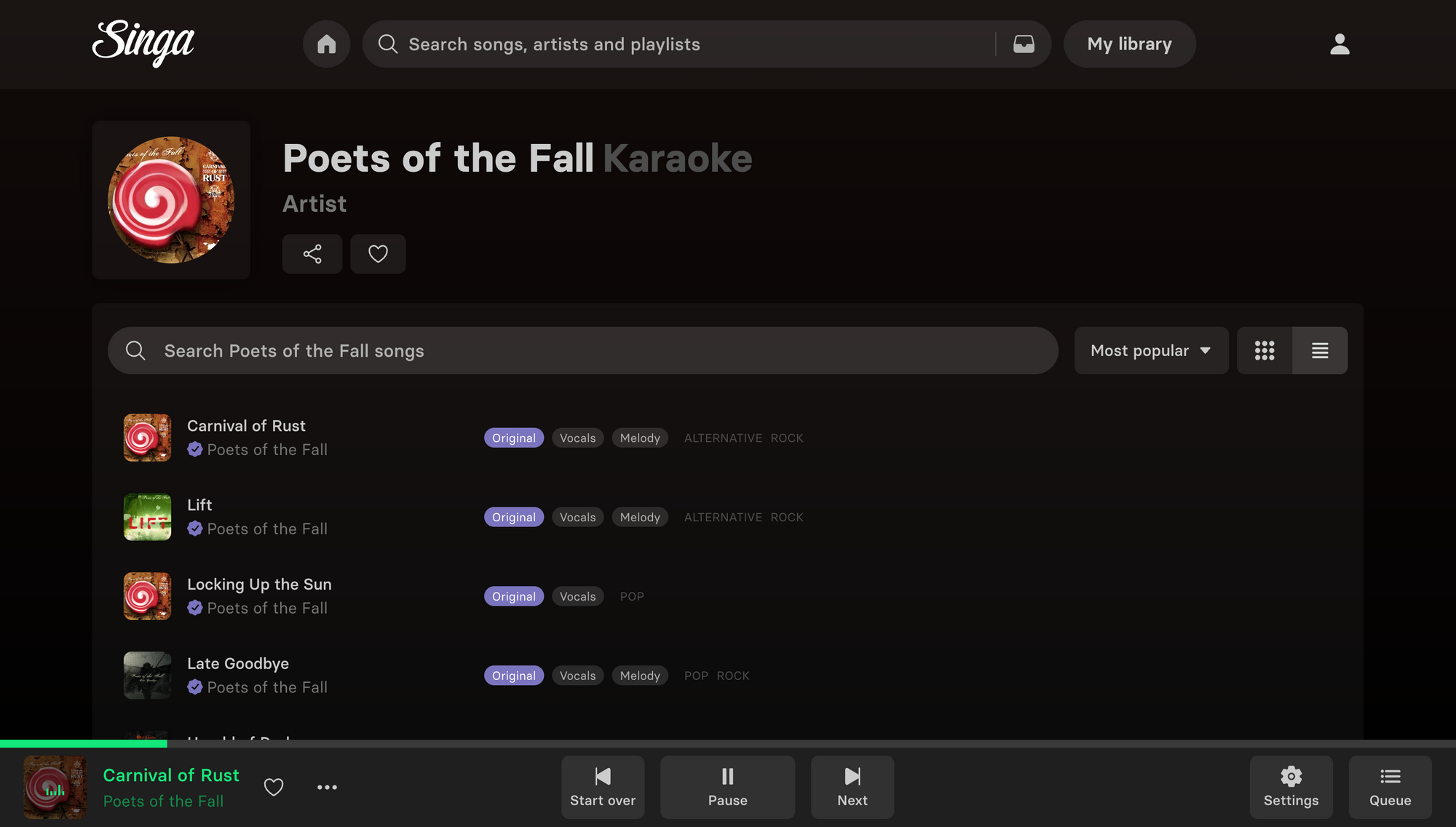 Poets of the Fall artist page with their most popular tracks, such as carival of rust on singa.com