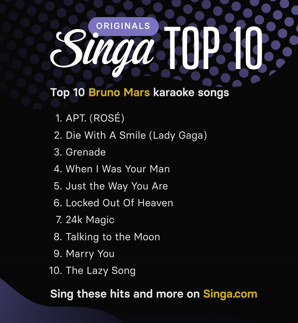 A list of 10 most popular Bruno Mars karaoke songs on Singa.com, from ROSÉ's APT to The Lazy Song