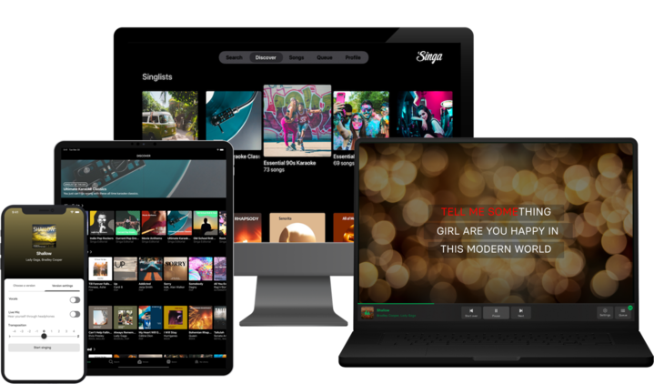 Image shows a phone, tablet, laptop and larger screen with Singa karaoke running on all devices, The Singa app is available on phone, tablet and smart TV. Or visit Singa.com on desktop.