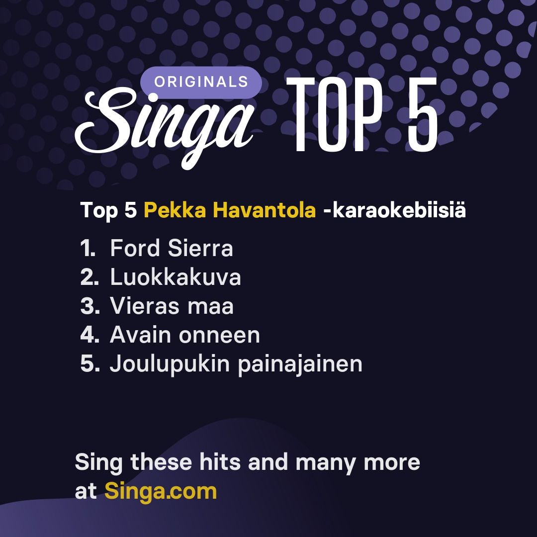 Top Pekka Havantola -karaokebiisit Singassa.