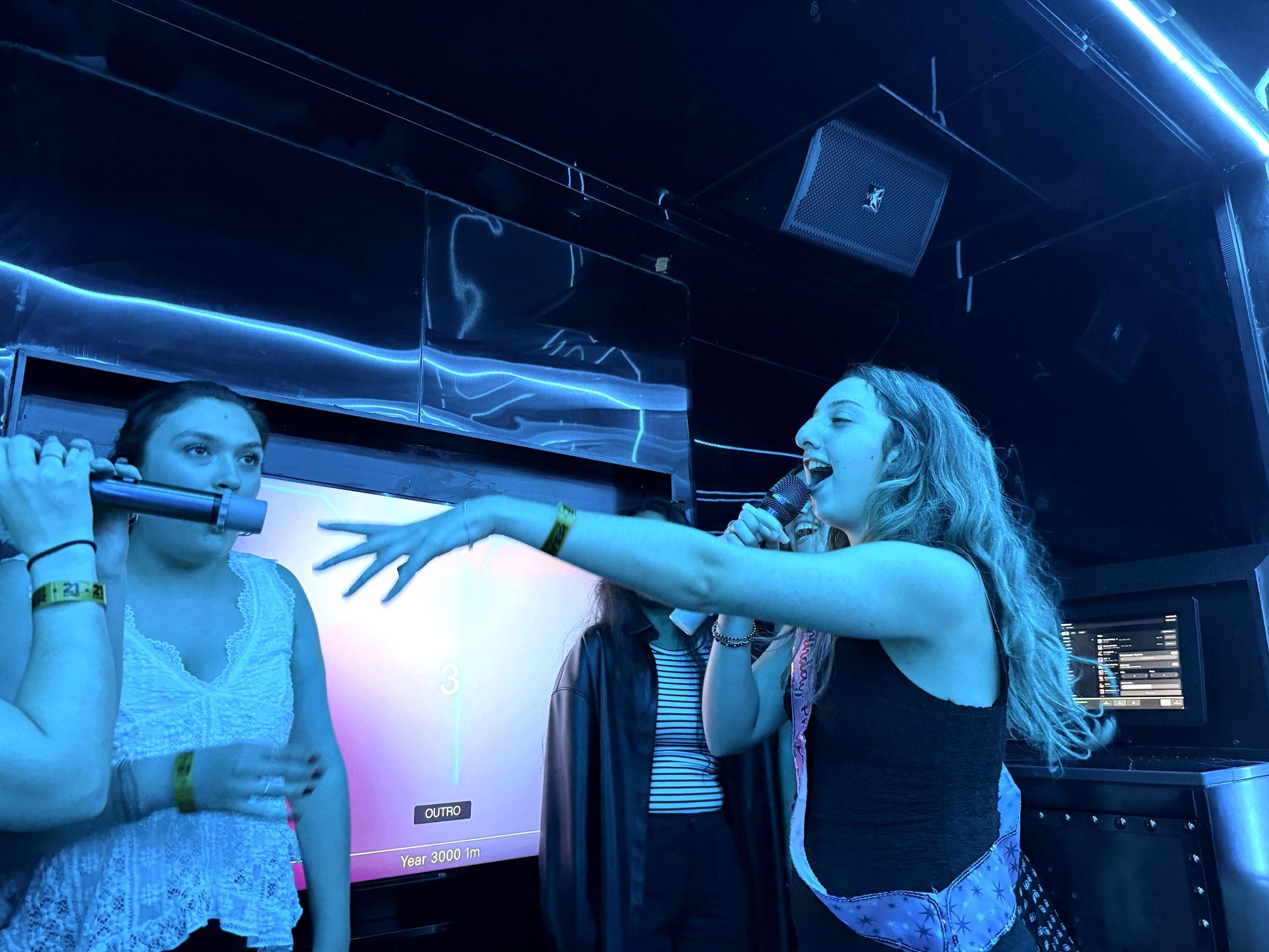 Two friends mid-performance at VIVA Karaoke, microphones in hand, singing together.