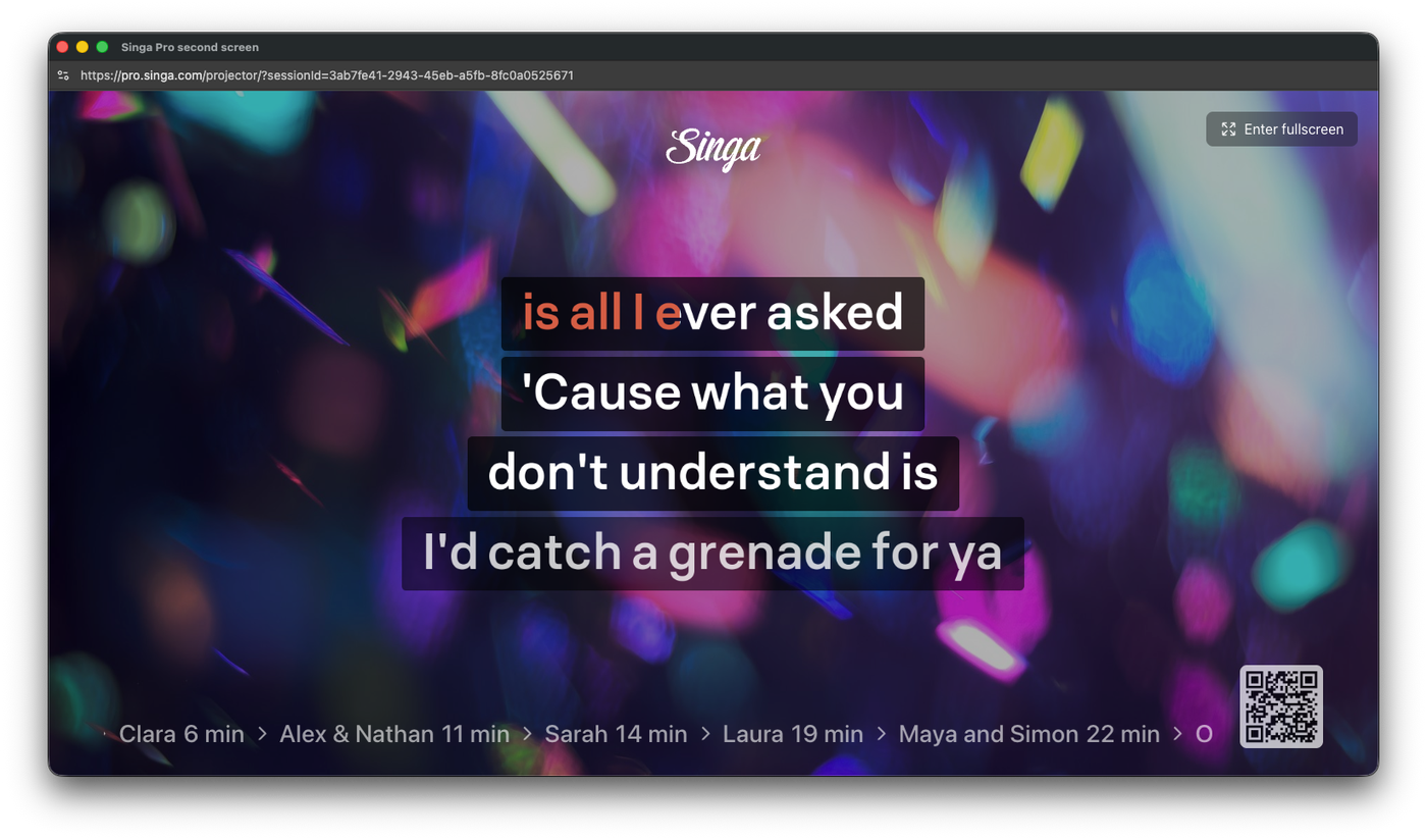 Singa Pros andra skärm med karaoketexter och QR-kod för gästernas låtönskningar