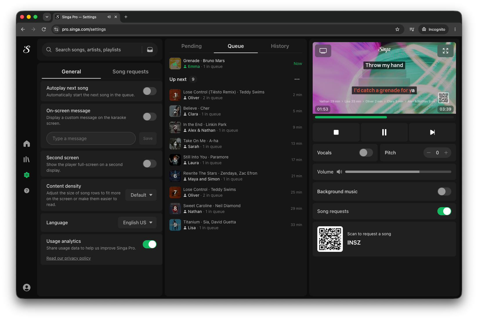 Singa Pros allmänna inställningar: autoplay, meddelande på skärmen, andra skärm, innehållstäthet, språk