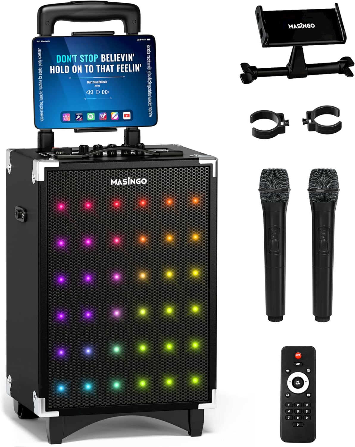 Pyle Portable Karaoke PA Speaker System - 600W 8” Rechargeable BT Speaker, TWS, Party Lights, LED Display, FM/AUX/MP3/USB/SD, Wheels - Wireless Mic, Remote Control, Tablet Holder Included - PHP18DJT