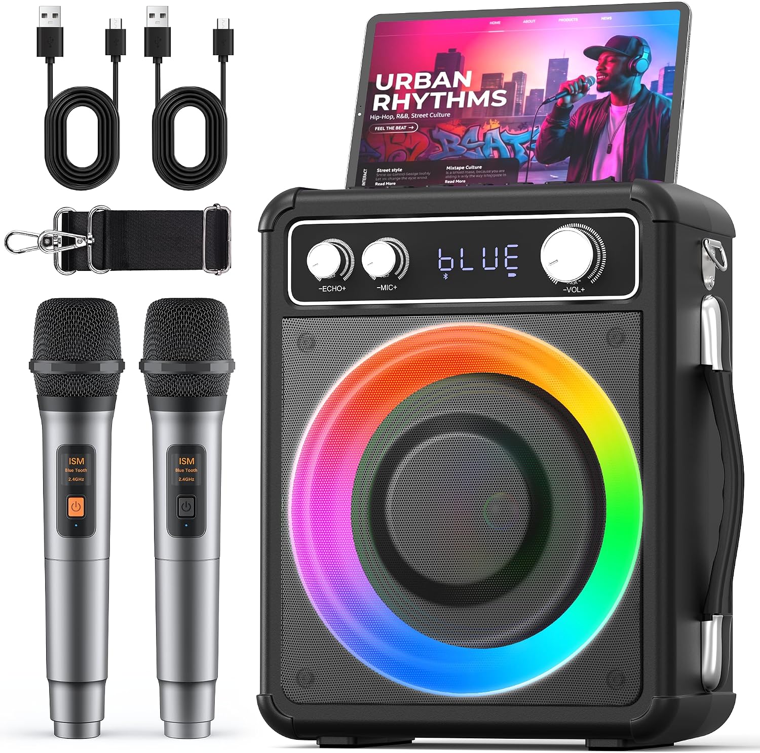 EARISE T26 PRO Karaoke Machine for Adults, Bluetooth PA Speaker System with 2 Wireless Microphones with LED Lights, FM Radio, Audio Recording, Remote Control, Supports TF Card/USB/AUX