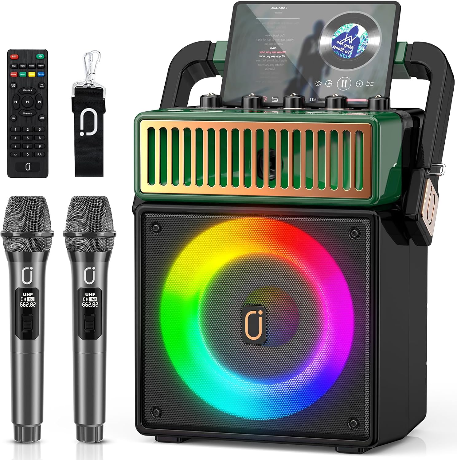 JYX Karaoke Machine with 2 Wireless Microphones, Portable Bass/Treble Bluetooth Speaker with LED Light, Support TWS, AUX in, FM, REC PA System with Remote Control, Supply for Party/Adults/Kids
