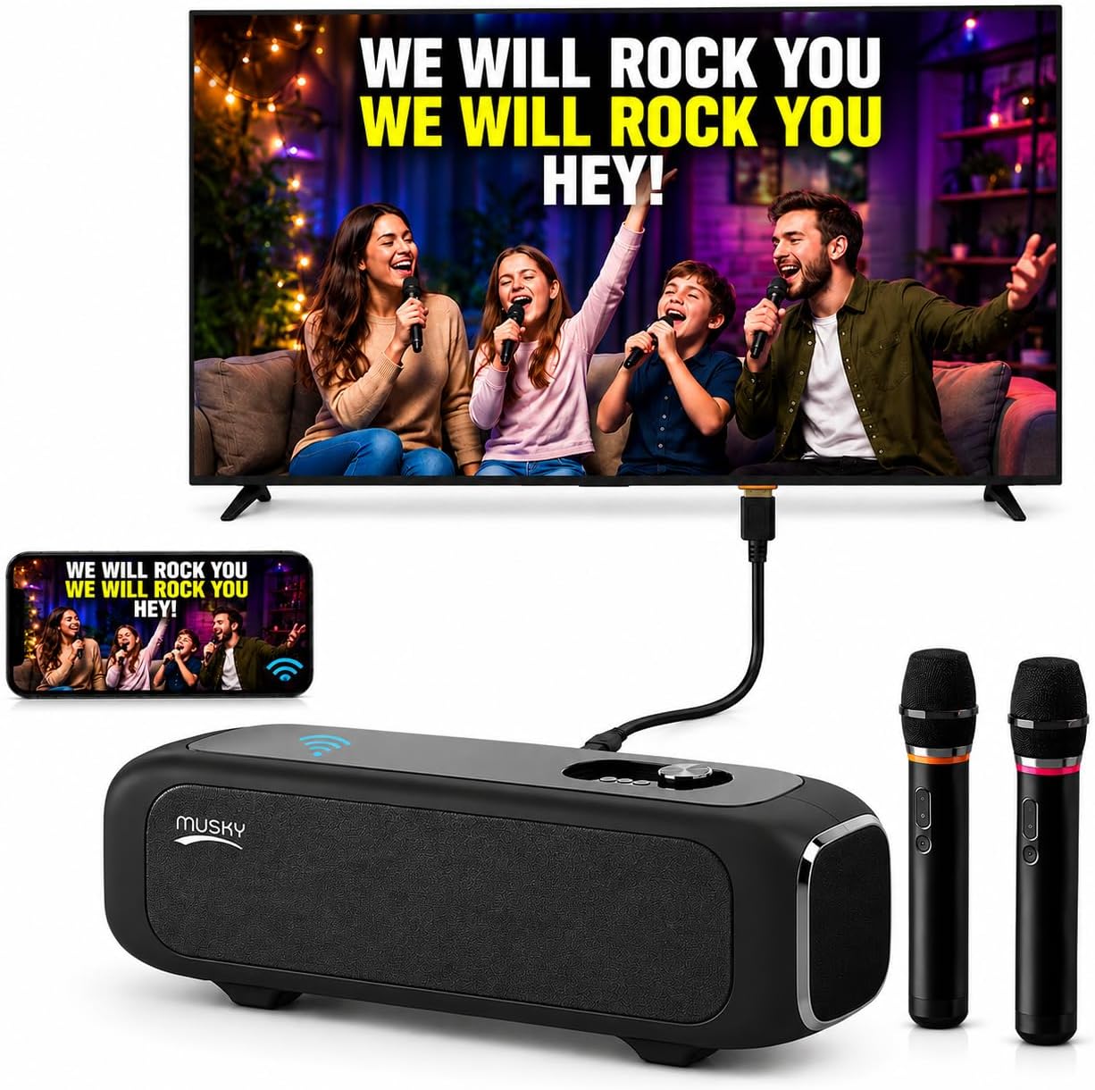 POWCONF Karaoke Machine with 2 Wireless Microphone, Portable Bluetooth Speaker with PA System for Adults & Kids, HiFi Stereo Speaker,Karaoke Singing Machine for TV, Home, Karaoke, Singing Party