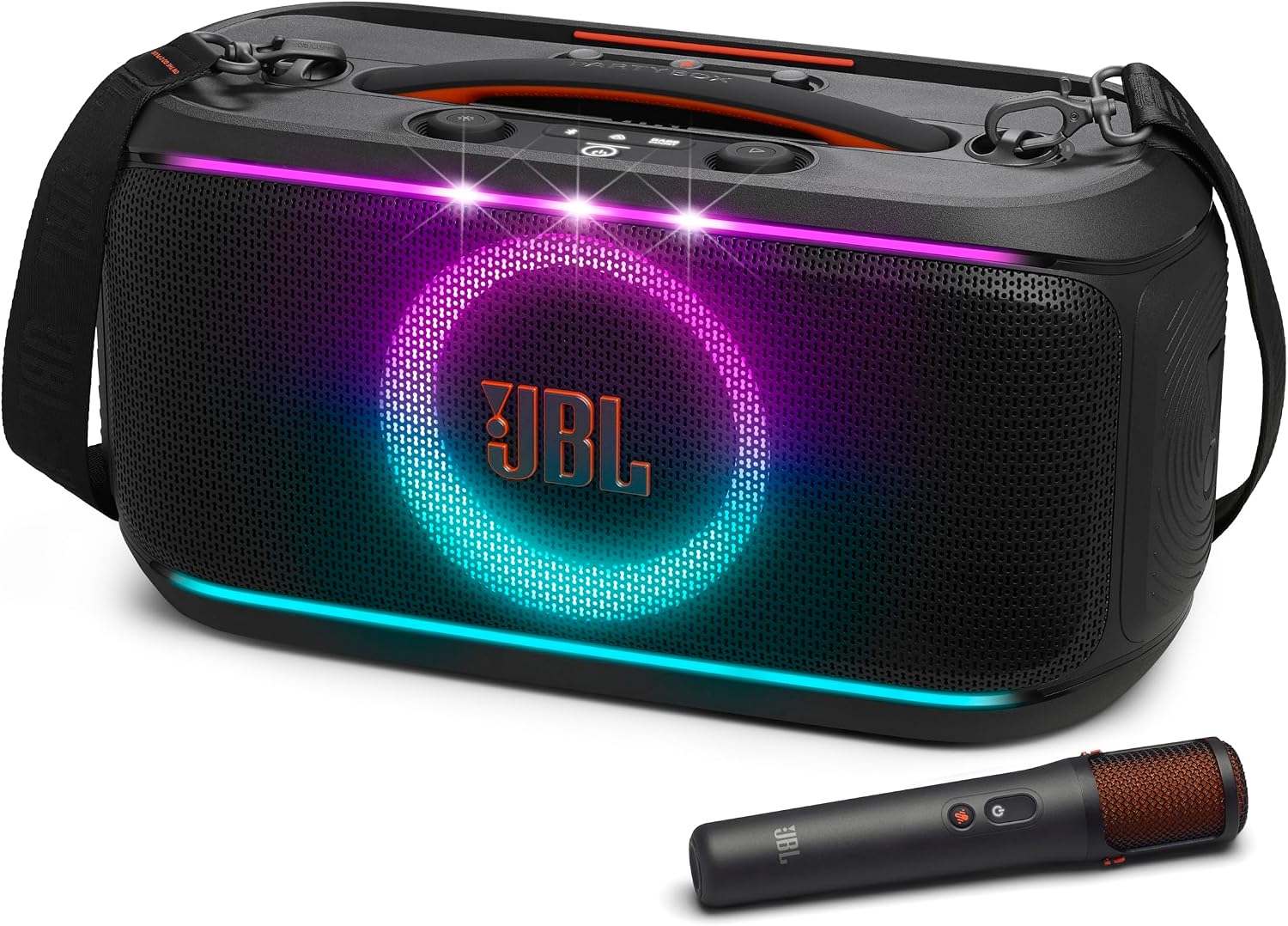 JBL PartyBox On-The-Go Essential - Portable Party Speaker with Built-in Lights and Wireless mic, Amazing Pro Sound, IPX4 splashproof Protection, 6 Hours of Playtime, Convenient Shoulder Strap