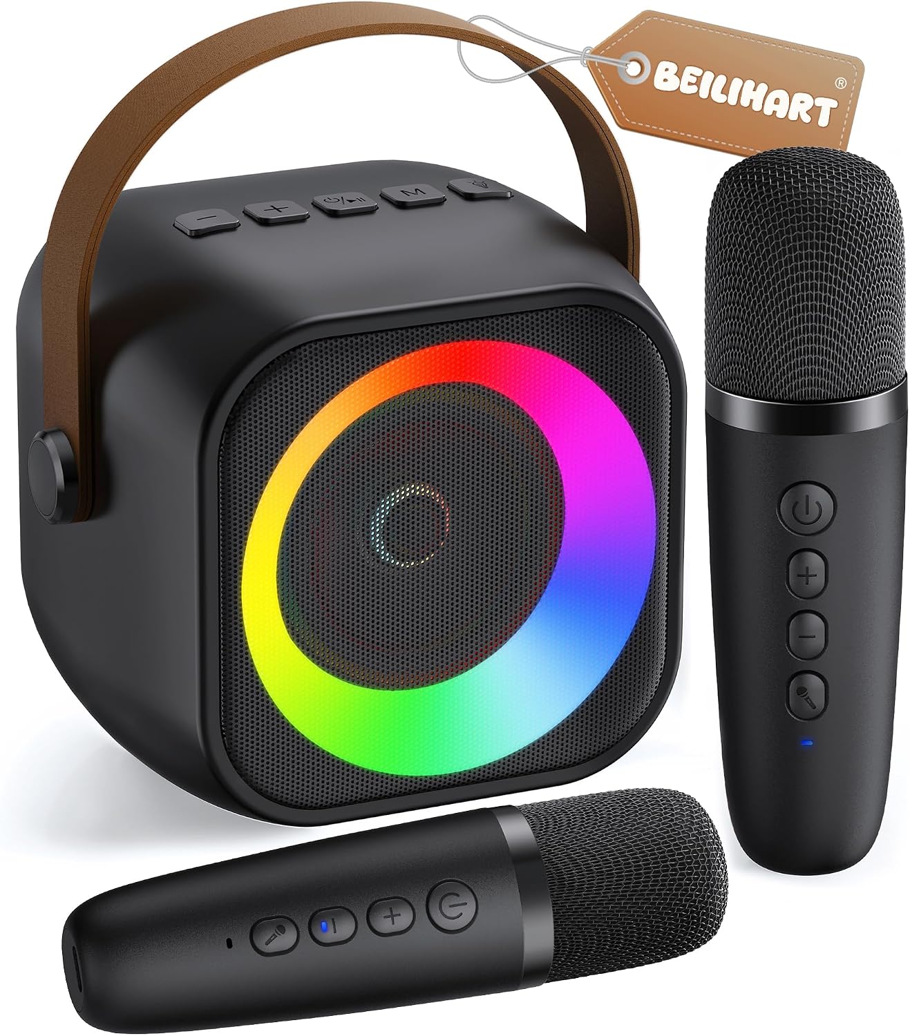 HAILIWEI Karaoke Machine, Portable Karaoke Machine for Adults and Kids with 2 Wireless Microphones and Colorful Lights, Bluetooth Karaoke Machine, Ideal Gift for Boys and Girls Family Party (Beige)