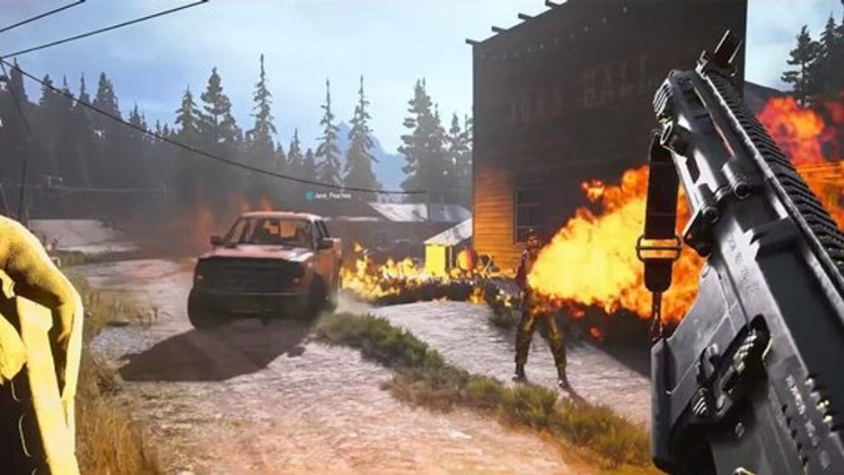 A man with an axe running through a forest in SCUM
