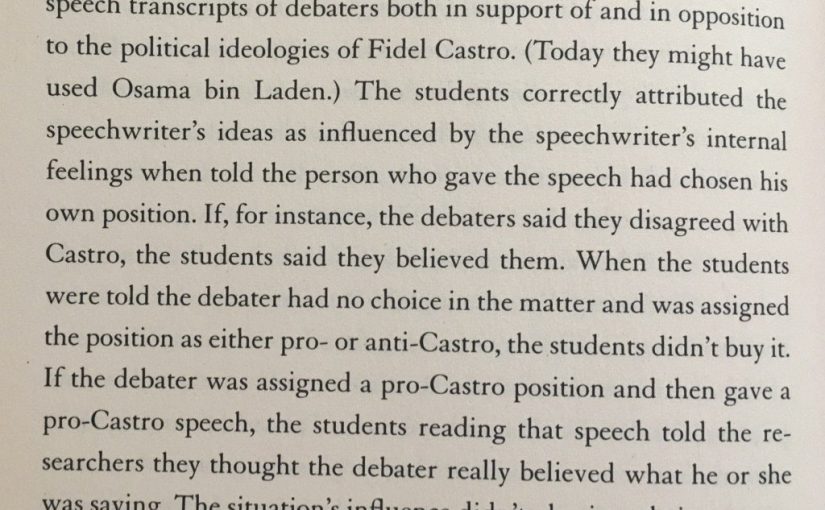 On our tendency to explain behaviour through personality rather than context (fundamental attribution error)