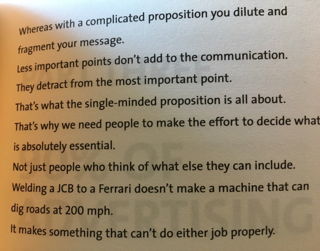 Communicating two strong propositions in one ad is like welding a JCB to a Ferrari