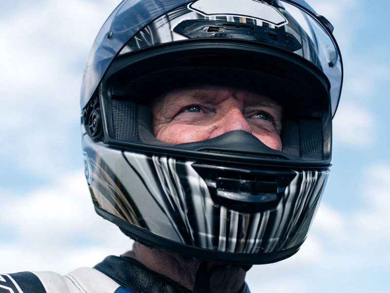 David wearing motorcycle helmet