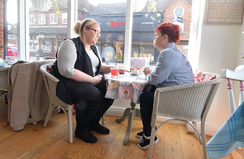 Sue and her daughter Sam in a cafe