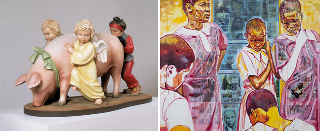 Links: Jeff Koons, 'Ushering in Banality', 1988. © Jeff Koons, 2007 Rechts: Esiri Erheriene-Essi, 'Barricade', 2014, olieverf en inkt op canvas Collectie Stedelijk Museum Amsterdam