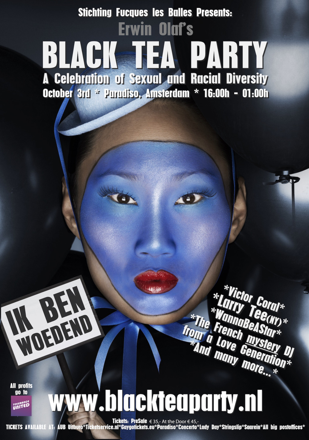 Poster of a party with a blue faced person 