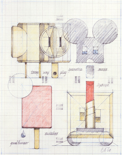Claes Oldenburg, 'System of Iconography: Plug, Mouse, Good Humor Bar, Switches & Lipstick', 1970, potlood en krijt op ruitjespapier, 56 x 38.4 cm, Stedelijk Museum Amsterdam. © Claes Oldenburg and Coosje van Bruggen, 2005