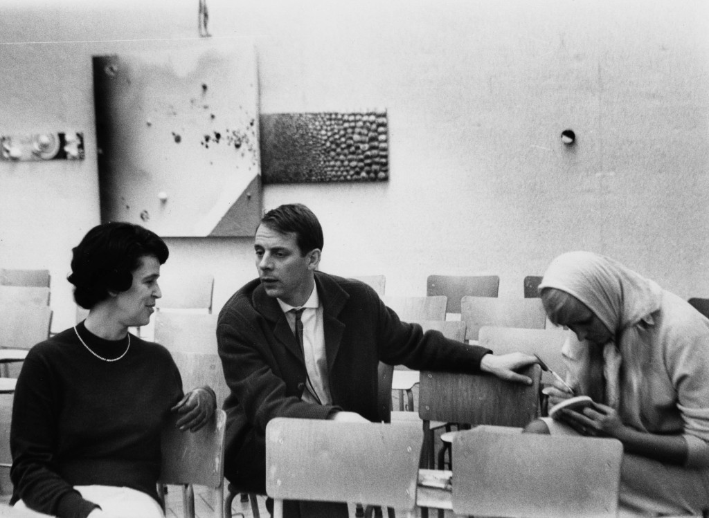 Black-and-white photograph of Karl Heinz Stockhausen on the left and Mary Bauermeister on the right