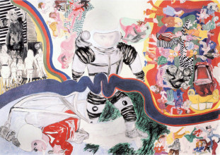 Jacqueline de Jong, “Tournevicieux cosmonautique (les âmes les plus confuses se retrouvent un matin conditionés par un peu de pésanteur) (private life of cosmonauts),” 1966. Private collection. Courtesy of the artist.