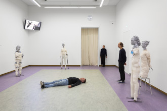 Sander Breure & Witte van Hulzen, Accidents Waiting to Happen, installation, sculpture, video, performance, 2019. Prix de Rome 2019. Photo: Daniel Nicolas Courtesy tegenboschvanvreden, Amsterdam, with thanks to the Leiden University Medical Centre
