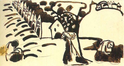 Wassily Kandinsky, Ontwerp voor Bild mit Häusern, 1909, bruine inkt en potlood op papier, 10,4 x 19,4 cm, Städtische Galerie im Lenbachhaus, München