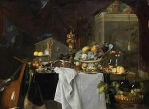 Jan Davidsz. de Heem, Vruchten en rijk vaatwerk op een tafel, 1640, olieverf op doek, 149 x 203 cm, Musée du Louvre, Parij