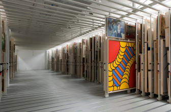 Moveable racks in the painting storage area