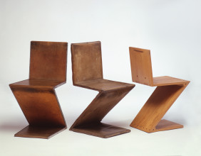Fig. 8 Gerrit Rietveld, From left to right: Zig-Zag Chair (prototype, 1st version), 1932; Zig-Zag Chair (prototype, 2nd version), 1932-1933; Zig-Zag Chair, 1932-1933, manufactured from 1932-1933 onward, under the control of Metz & Co., Amsterdam