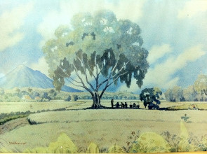 Sukarno, Landscape, watercolor on paper, 52.5 x 71.5cm, 1926 (left) and Sukarno, Landscape, watercolor on paper, 53.3x74.5cm, 1926 (right). Photographed with permission from the Dullah Museum