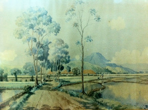 Sukarno, Landscape, watercolor on paper, 52.5 x 71.5cm, 1926 (left) and Sukarno, Landscape, watercolor on paper, 53.3x74.5cm, 1926 (right). Photographed with permission from the Dullah Museum