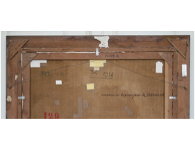 Two samples of Sukarno's collection of paintings with the marks behind the canvas.