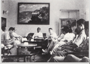 Sukarno during a press conference in Jakarta, 1945. A painting by Basoeki Abdullah is used as a background. (Photo: Bung Karno Foundation)