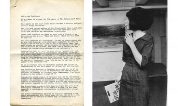 Left: Press release for “The Situationist Times” no. 5, 1965. Photo: Berlingske Tidende. Right: Jacqueline at the press conference for “The Situationist Times” no. 5 at Galerie Samuel Strand, 1965. Photo: Berlingske Tidende.
