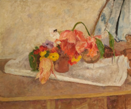 Bé de Waard, Stilleven met bloemen, datering onbekend, olieverf op papier op paneel, particuliere collectie