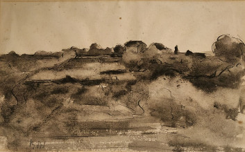 Bé de Waard, Landschap, datering onbekend, inkt, gewassen, op papier, particuliere collectie