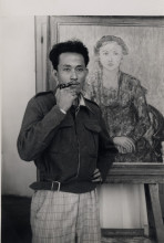 Ill.3 Netherlands Indies Government Information Service (NIGIS), Otto Djaya next to his painting on Java, c. 1946/47, Universitaire Bibliotheken Leiden, Leiden