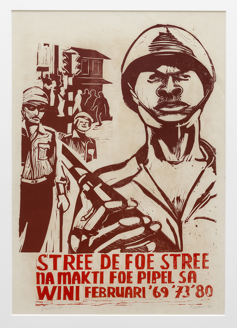 René Tosari, Untitled (400 jaar Verzet en Strijd), 1981. Collectie Kunstenaar Paramaribo. Zaalopname foto Gert Jan van Rooij / Stedelijk Museum