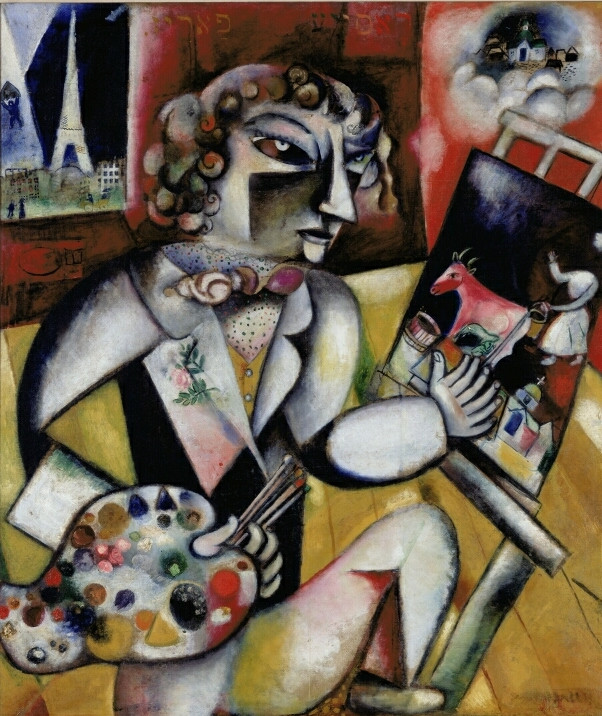 Marc Chagall, Self-Portrait with Seven Fingers, 1912-1913, with Paris on the left, and rural Russia on the right. Gift of P.A. Regnault to the Dutch State on loan to the Stedelijk Museum, 1953. 