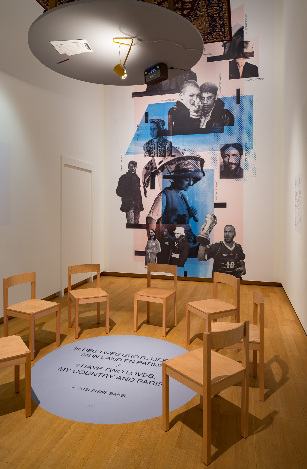 The Salon, wall collage with well-known immigrants in Paris, then and now. Between the rap duo PNL (bottom centre): Virgil Abloh, designer-artistic director at Louis Vuitton. Music in The Salon by PNL and Aya Nakamura. Photo: Peter Tijhuis.