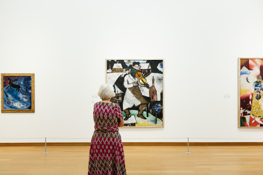 Chagall, The Virgin with the Sleigh, 1947, gift of the artist; The Violinist, 1912-13; The Pregnant Woman (Maternity), 1913 (partially visible), both: gift of P.A. Regnault to the Dutch State as a loan to the Stedelijk Museum, 1953. Photo: Maarten Nauw.