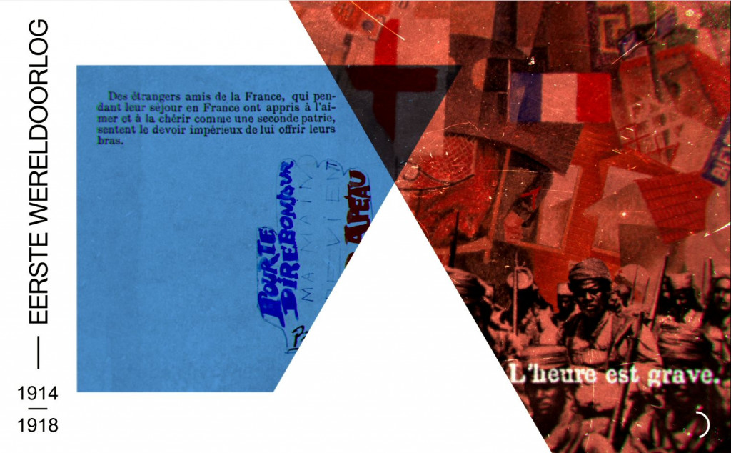 Composition from introduction film: Studio Wim in collaboration with Stedelijk Museum. First World War, Moroccan foot soldiers in Amiens, included in the exhibition as a contextual image for a poster by Clairin.