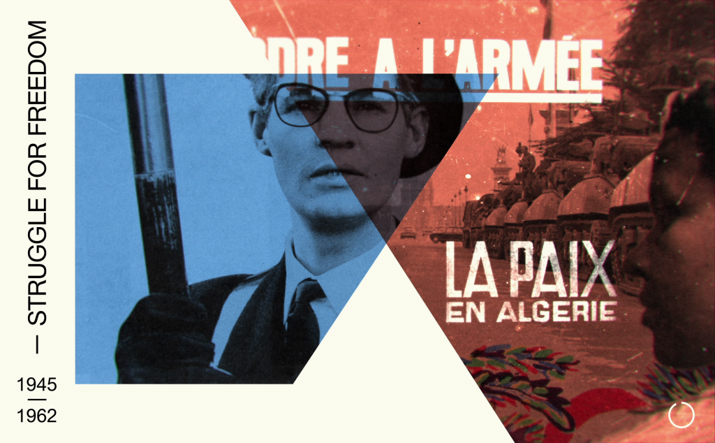 Composition from introduction film: Studio Wim in collaboration with Stedelijk Museum. French-Algerian colonial war, photos by Eva Besnyö and Johan van der Keuken that in the exhibition suggested the tensions in Paris at that time.