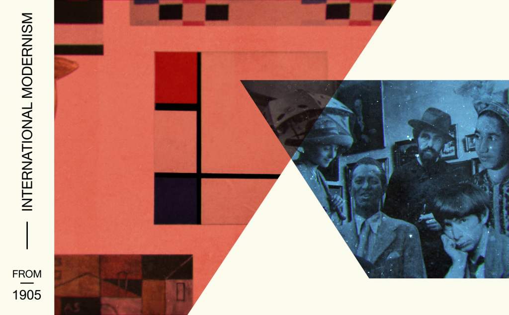 Composition from introduction film: Studio Wim in collaboration with Stedelijk Museum. Modern immigrant artists in Paris, from left to right: Sonia Delaunay, Wifredo Lam, Joaquín Torres-García, Ossip Zadkine and Baya Mahieddine.