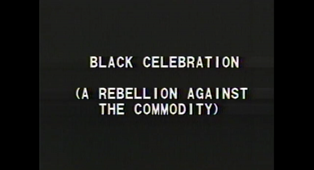 Tony Cokes, Black Celebration, film still, 1988. Courtesy of the artist; Greene Naftali, New York and Electronic Arts Intermix (EAI), New York.