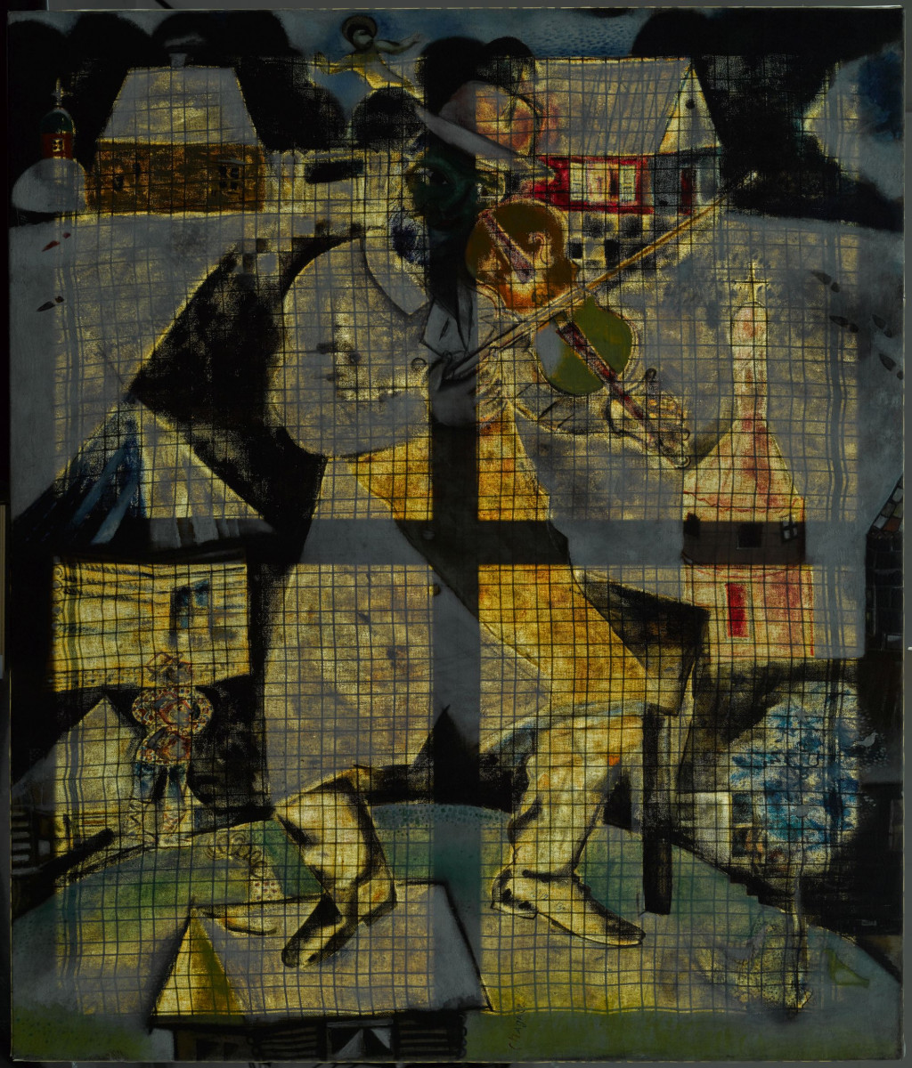 Marc Chagall, De Violist, 1912. Comité Marc Chagall, c/o Pictoright Amsterdam 2019. Langdurig bruikleen Rijksdienst voor het Cultureel Erfgoed. Through-light photo (montage). Foto: René Gerritsen