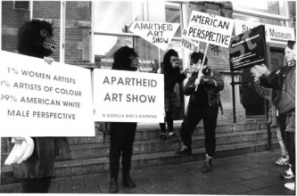 Supporters of the Guerrilla Girls on the steps of the Stedelijk Museum, 1996. Photo: Martijn van Nieuwenhuyzen