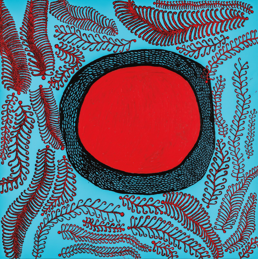 colorful work of a blue background and red circle 