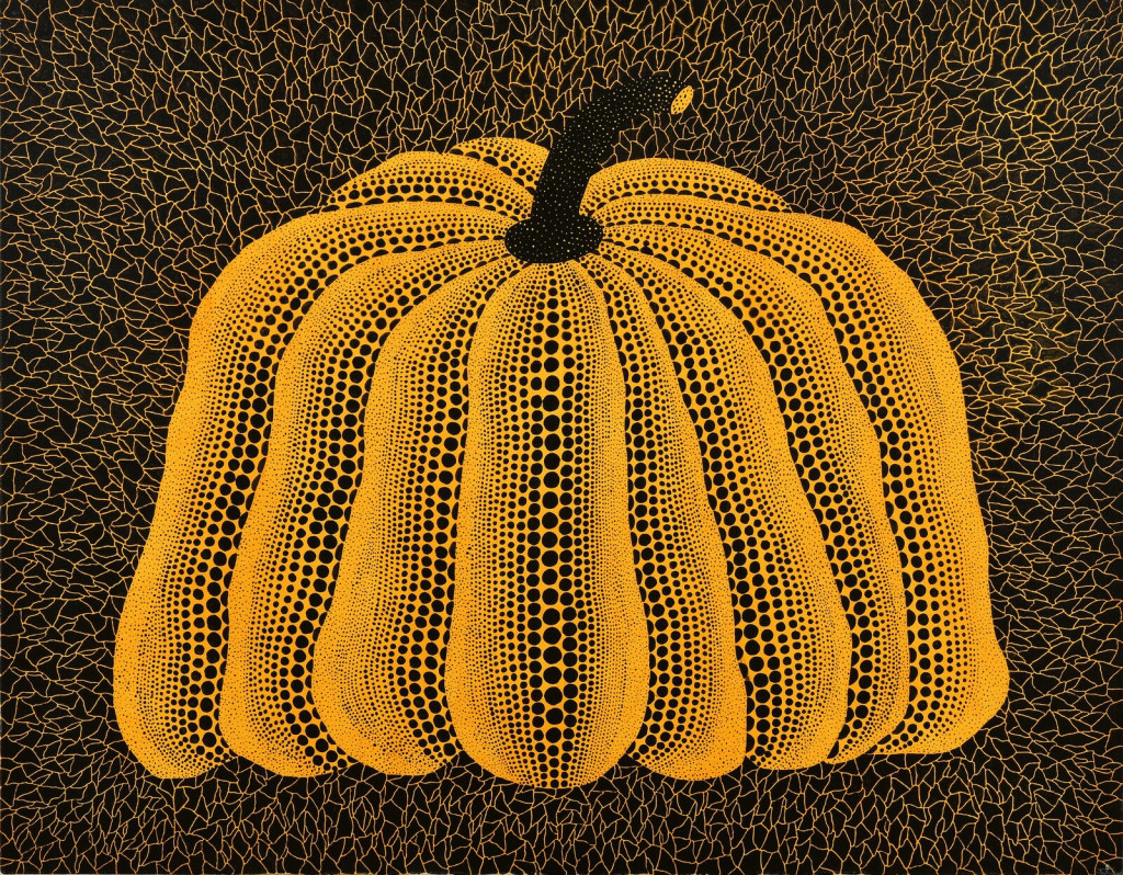 illustrated pumpkin by yayoi kusama with black dots