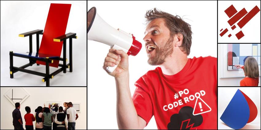 Gerrit Rietveld: Rood-blauwe stoel (1919) c/o Pictoright Amsterdam/Stedelijk Museum Amsterdam - Kinderen & De Stijl Foto: Tomek Whitfield - #POcoderood campagnebeeld https://www.pofront.nl/ - Kazimir Malevich: Suprematistische compositie (met acht rode rechthoeken) 1915 - Kind bij De Stijl Foto: Tomek Whitfield - Ellsworth Kelly: Blue Red Rocker (1963) &copy; Ellsworth Kelly, all rights reserved/Stedelijk Museum Amsterdam